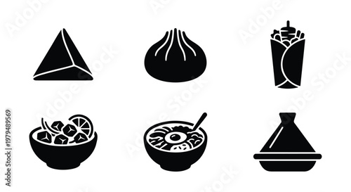 Middle Eastern and Asian food icons set, 6 black solid vector elements, traditional cuisine symbols including shawarma, dumpling, and tajine