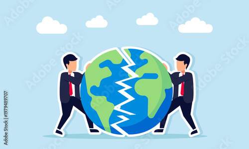 Two businessmen assembling broken globe pieces illustration concept of improving global macroeconomic conditions