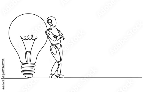 Robot leaning on a large light bulb symbolizing innovation and artificial intelligence single line white background science fiction innovation technology creativity intelligence robotics
