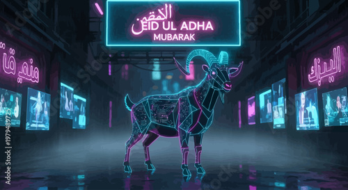 Vibrant neon goat illustration for Eid al-Adha celebration, set in a futuristic digital cityscape with glowing lights and advanced technology