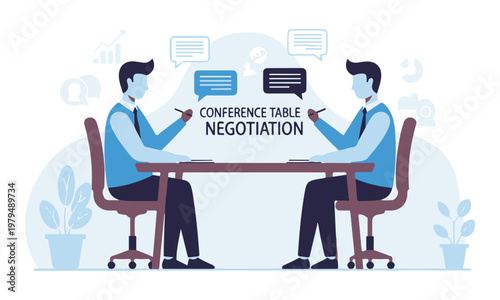 Two Businessmen Negotiating at Conference Table with 'CONFERENCE TABLE NEGOTIATION' Text Illustration