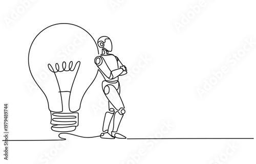 Robot leaning on a large light bulb symbolizing innovation and artificial intelligence single line white background science fiction innovation technology creativity intelligence robotics