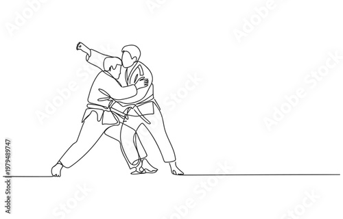 Vector illustration in continuous line style showing judo players engaged in a physical contest with a throw martial arts line art one single white background grappling movement