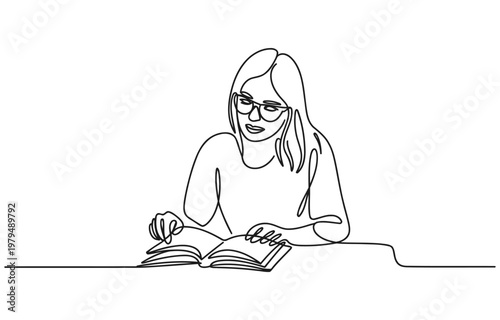 Continuous line drawing of a young woman wearing glasses engrossed in reading a book at table single line white background art education learning knowledge concentration minimalist