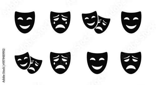 Theater mask icon set with comedy and tragedy faces, black dramatic performance symbols, 8 vector elements for acting and stage arts