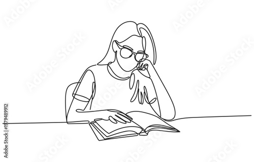 Continuous line drawing of a woman with glasses absorbed in reading a book depicted at table single line white background art education learning concentration knowledge illustration