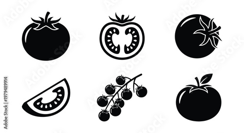 Minimalist tomato icon set, black silhouette vegetable symbols, collection of 6 vector elements including cherry tomatoes and sliced tomato