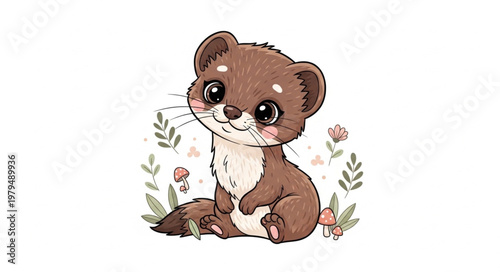 Cute cartoon weasel sitting in a field with flowers.