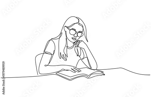 Single line illustration of a woman with glasses intently reading a book at desk one line drawing white background art education learning concentration knowledge illustration academic