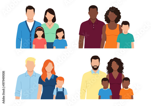 Set of Diverse Multiethnic Family Portraits Illustration with Parents and Children; Faceless Flat Vector Characters Representing Inclusion, Community, and Togetherness