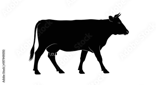 Silhouette of a cow standing from the side, on a white background