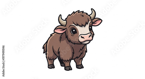 Cute Cartoon Yak Standing Isolated on White Background.