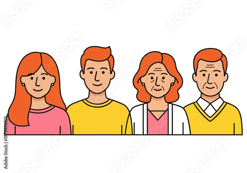Multi-Generational Family with Red Hair Illustration - Flat Design Cartoon Avatars of Young and Senior People
