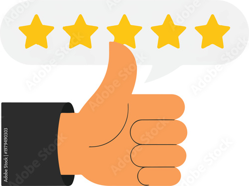 Minimalist flat design vector illustration of a hand giving a thumbs up gesture below a five-star rating speech bubble representing customer satisfaction business reviews and positive feedback