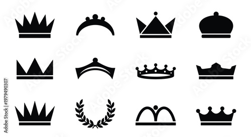 Royal crown silhouette icons, set of 12 black heraldic symbols and laurel wreath, elegant king and queen headwear vector elements for logo design