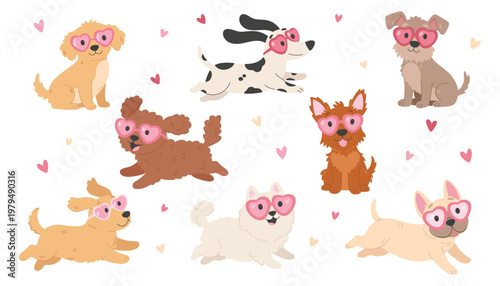 Cute dogs with heart glasses, Valentine love concept, different breeds puppy set. Vector illustration
