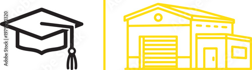 Graduation cap and warehouse icons representing vocational training and industrial education flat design vector