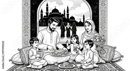 Happy Muslim Family Celebrating Ramadan Together at Home