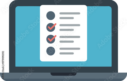 Minimalist flat design vector illustration of a laptop with a digital checklist on the screen representing online surveys remote project management and software task tracking