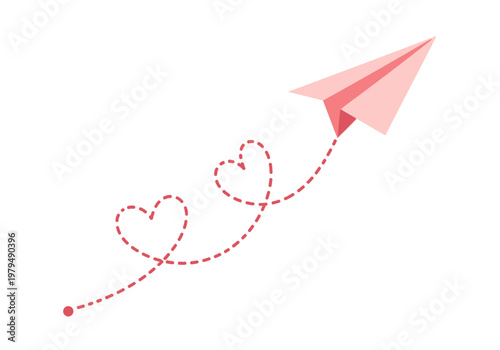 Paper Airplane Flying with Heart Shaped Trail, Romantic Concept of Love Message and Long Distance Relationship, Minimalist Valentine's Day Illustration