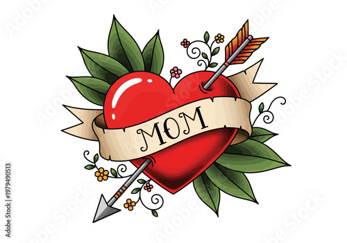 Classic Old School Tattoo Style Red Heart with Mom Ribbon Banner and Arrow Illustration