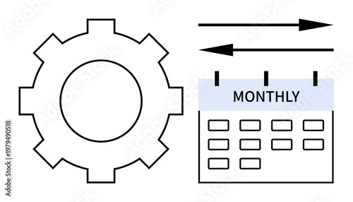 Business processes, task management, workflow efficiency, automation, productivity, planning. Gear symbol and monthly calendar with arrows. Workflow efficiency and task management focus