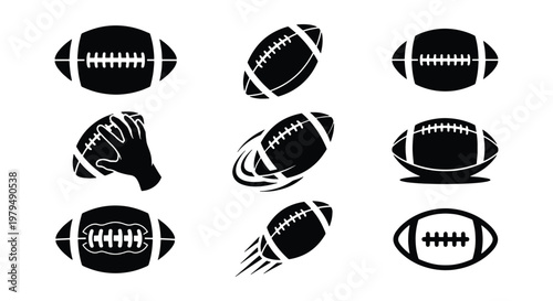 American football vector icons set, black silhouette sports ball collection, 9 graphic elements for team logos and athletic branding