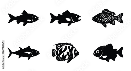 Black fish silhouettes set, collection of 6 aquatic animal vector icons, minimalist sea life and freshwater fish symbols for fishing logos