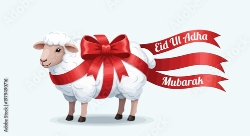 Eid Al Adha Mubarak Sheep with Red Ribbon and Bow