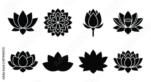 Lotus flower icons set, black silhouette floral vector elements, 8 zen water lily symbols for yoga and wellness branding, minimalist botanical graphics