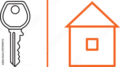 Minimalist vector illustration of a house icon and door key for real estate property ownership and home security concepts