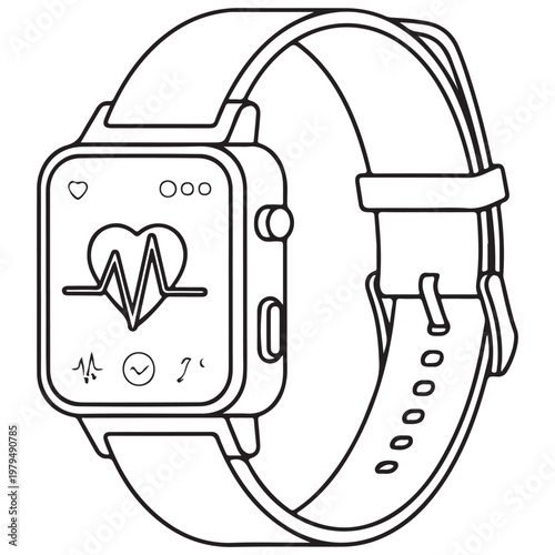 Smartwatch with heart rate monitor and fitness tracker display line art vector illustration for coloring page