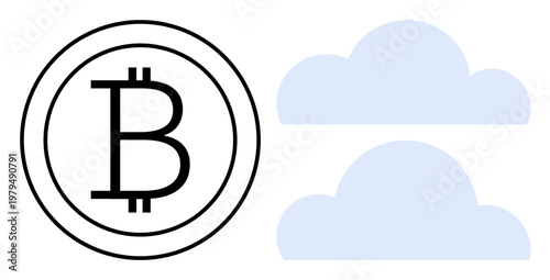 Cryptocurrency, cloud computing, blockchain integration, digital assets, online security, financial technology. Bitcoin currency symbol next to two cloud shapes. Cryptocurrency and cloud computing