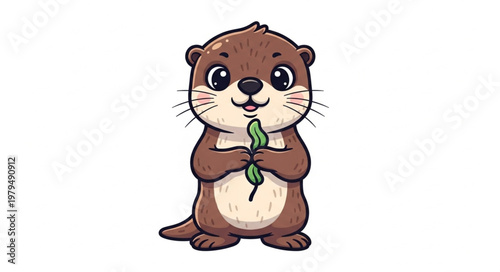 Cute Otter Holding Green Leaf.