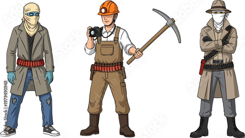 Character Set with Detective, Miner, and Adventurer in Action Poses for Crime, Exploration, and Adventure Illustration Designs