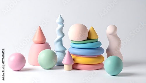 Colorful Wooden Toys Arranged on a White Surface.
