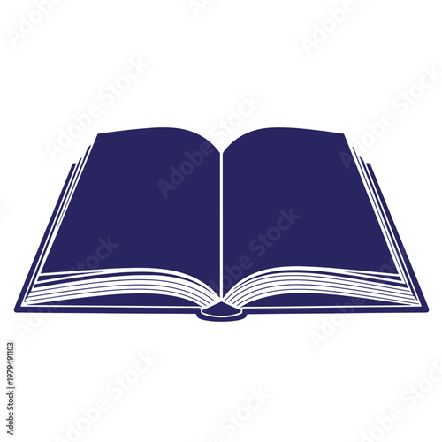 Open dark blue book with white pages, isolated on white background, open book