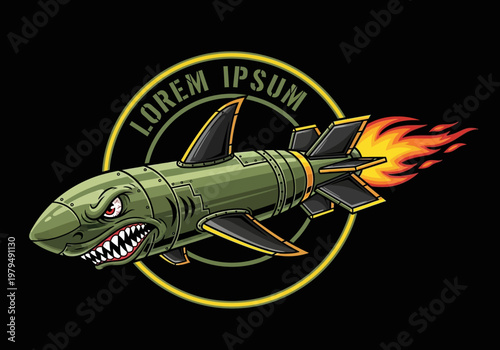 Aggressive Shark Missile Mascot Vector Illustration - Military Style Rocket Nose Art Badge Logo