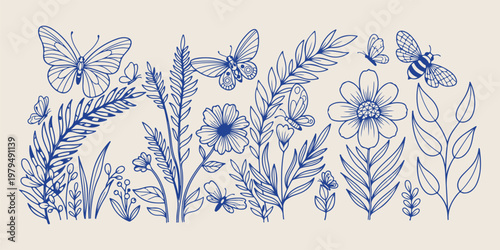 intage wildflower meadow plant sketches, hand drawn botanical floral line art, rustic field grass and butterfly doodles, organic spring garden foliage illustration, decorative nature herb and blossom 