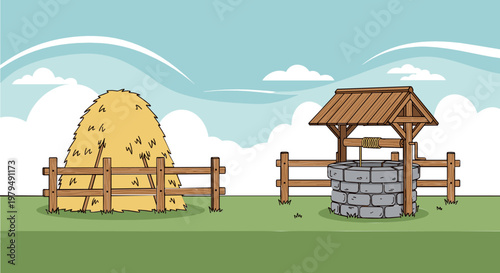 Farmyard Illustration Set with Haystack, Water Well, and Wooden Fence for Rural, Agriculture, and Countryside Designs