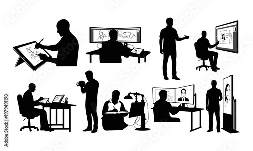 Set of black vector silhouettes: creative professionals working with computers and design tools