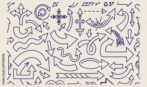 Directional arrow vector set, navigation pointer line graphics, movement indicator symbol icons, various arrow shape illustrations, hand drawn arrow design elements, guide and flow chart symbols, wayf