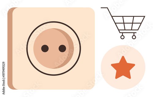 Energy consumption, ecommerce platforms, quality standards, retail ratings, reliability, consumer choices. Flat icons an electrical outlet, shopping cart and star. Energy consumption and ecommerce