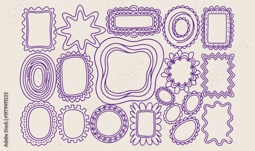 Hand drawn doodle frames, whimsical border vector illustrations, cute sketchy frame graphics, purple ink doodle elements, creative ornament border icons, informal notebook frame collection, fun artist