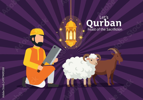 Islamic Festival Eid al-Adha Illustration Featuring a Muslim Man with Sacrificial Sheep and Goat for Qurban Feast