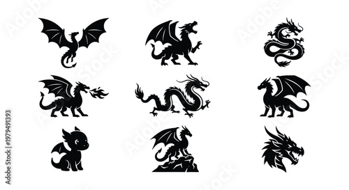 Mythical dragon silhouettes set, 9 black fantasy creature vector icons, medieval winged monster collection for gaming and logo design