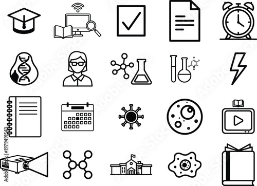A collection of icons representing various aspects of education and science