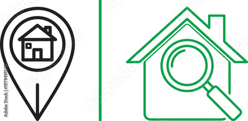 Real estate icons set featuring house location map pin and magnifying glass for property search flat vector illustration