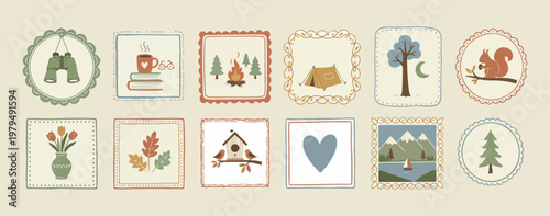 Scenic nature landscape frames, outdoor adventure vector borders, mountain and forest illustration frames, environmental travel border graphics, rustic scenery frame elements, eco-friendly nature icon