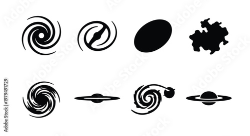 Minimalist galaxy icons set, black spiral nebula and deep space silhouettes, 8 astronomical vector elements for science infographics and cosmic design